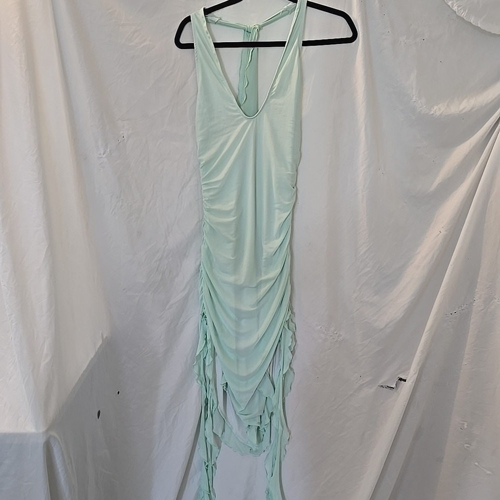 Generation Kiss Mesh Ruffle Hem Midi Dress Ruching Halter Tie Green Size M Fairy - Picture 5 of 13